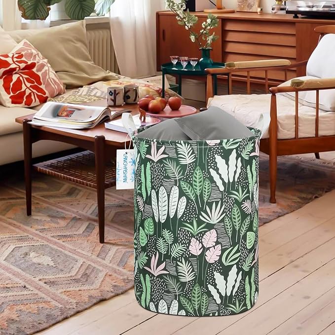 LANGYASHAN Laundry Basket Canvas Fabric Collapsible Organizer Basket for Storage Bin Toy Bins Gift Baskets Bedroom Clothes Children Nursery Hamper (Round Leaf)