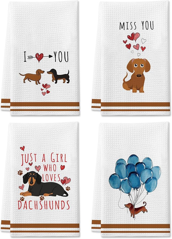 DETIHO Dachshund Gifts for Women, Weiner Dog Lover Kitchen Gifts for Women, Set of 4 Cute Kitchen Towels Decor, Hand Tea Towels for Kitchen Dish 16x24 Inches (A05)