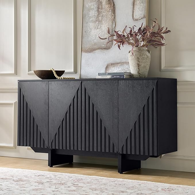 HULALA HOME Mid Century Modern Solid Wood Sideboard with Triangle, 4 Door Fluted Buffet Cabinet with Storage, 58" Sideboard Cabinet with Adjustable Shelves, Black