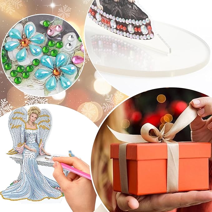 antor DIY Diamond Art Painting Desktop Ornament Kit, Acrylic Tabletop Diamond Art Decoration, Special Shape Crystal Diamond Painting Ornaments for Adult Beginner, Angel Figurine Sitting on Bench