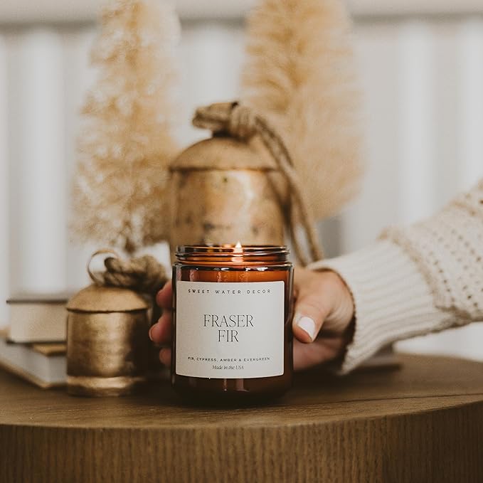 Sweet Water Decor Fraser Fir Christmas Candles - Christmas Stocking Stuffers Cypress, Evergreen & Pine Scented Candles - Scented Candles with 40 Hrs Burn Time - 9Oz Black Lid Amber Jar Wax Candles