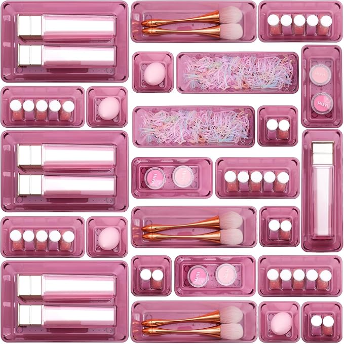 Kitchen Desk Drawer Organizers Storage for Office, Small Acrylic Vanity Trays Makeup for Drawer Bathroom Plastic Make up Organizers 25 Pcs Burgundy