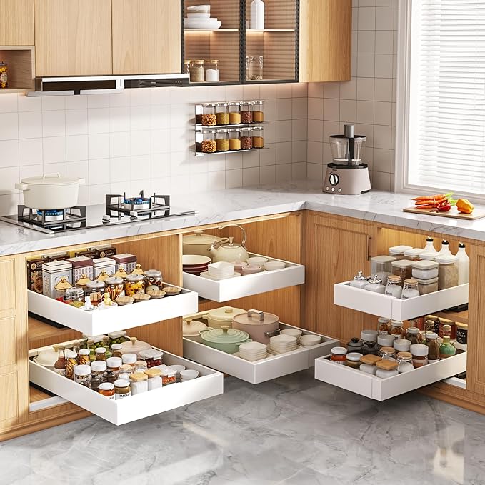 Seinloes 4 Pack Pull Out Cabinet Organizers 21" Deep With Raising Pad for Framed Cabinets, Expandable Width (9"-14") Slide Out Drawers Upgrade 3 Slide Rails, Roll Out Shelves Adhesive, White