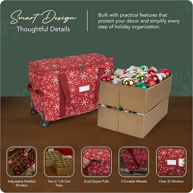 Covermates Keepsakes Rolling Adjustable Ornament Storage Bag – Heavy-Duty Polyester, FlexGrid Trays & Padded Dividers – Protective Holiday Organizer with Wheels, Handles & ID Window, Red Snowflake