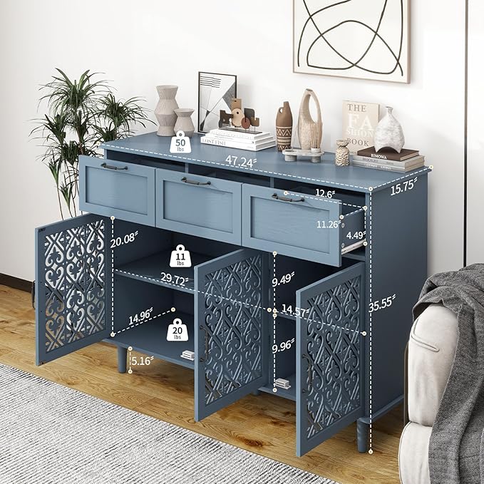 Blue 3 Doors 3 Drawers Buffet Sideboard Cabinet - Accent Cabinet with Adjustable Shelves，47 Inch Wide Wood Storage Cabinets for Dining Room,Living Room and Kitchen