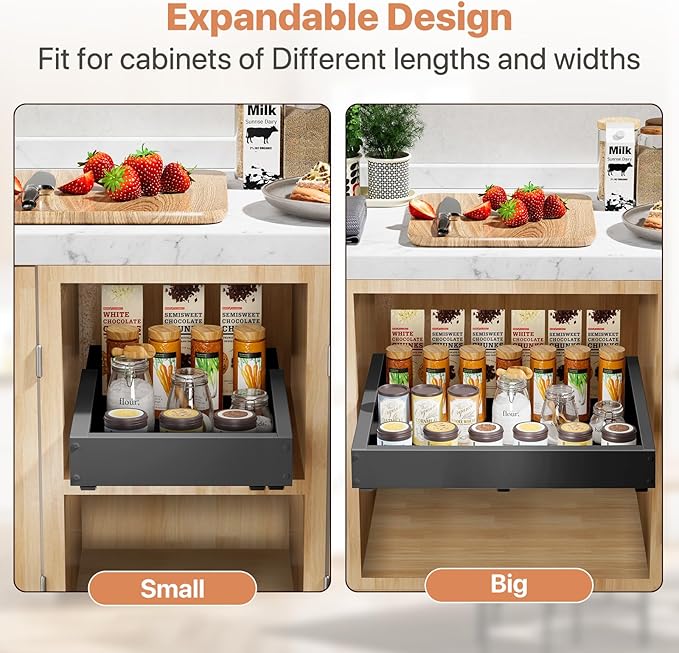 1 Pack Pull out Cabinet Organizer, Width (12"-19") Depth (17"-23"), with 3 Rails Adjustable Slide, Expandable Pullout Drawers for Cabinets, No Drill Adhesive Kitchen Drawers for Pantry Shelves