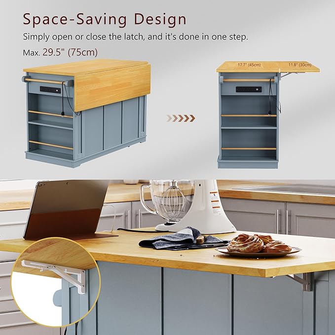 Amposei Kitchen Storage Island on Wheels with 2 Bar Stools, Rolling Drop Leaf Kitchen Island Cart with Power Outlet, Open Side Racks, Door Shelves and Towel Bar, 53-Inch, Grey Blule