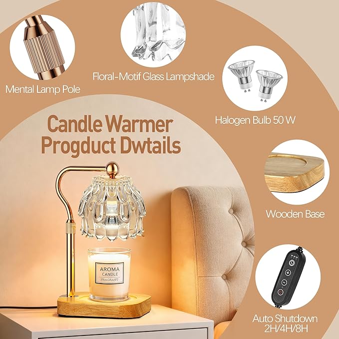 Candle Warmer Lamp with Timer - Flower Electric Wax Melter Warmer Adjustable Height for Jar Candles, Gift for Women, Mom, Christmas, Birthday,Home Decor