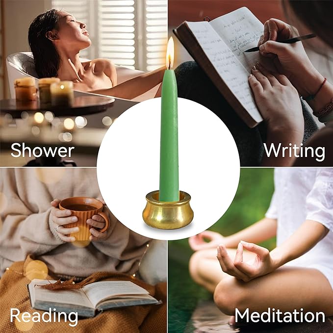 Mini Taper Candle Meditation Candles,20 Minute Prayer Green Candlestick Dripless Beeswax Candles with Brass Candle Holder for Yoga & Spiritual Ritual,30P-Gr
