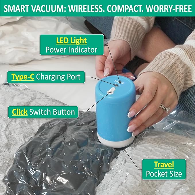 Cozy Essential Travel Vacuum Storage Bags with Rechargeable Cordless USB Pump, Space Saver Bags for Luggage, Suitcase, Carry-On, for Clothes, Blankets, Bedding & Seasonal Storage,6 Combo