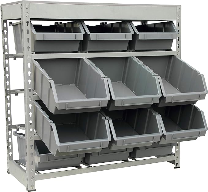 King's Rack Bin Rack Boltless Steel Storage System Organizer w/ 12 Plastic Bins in 4 tiers