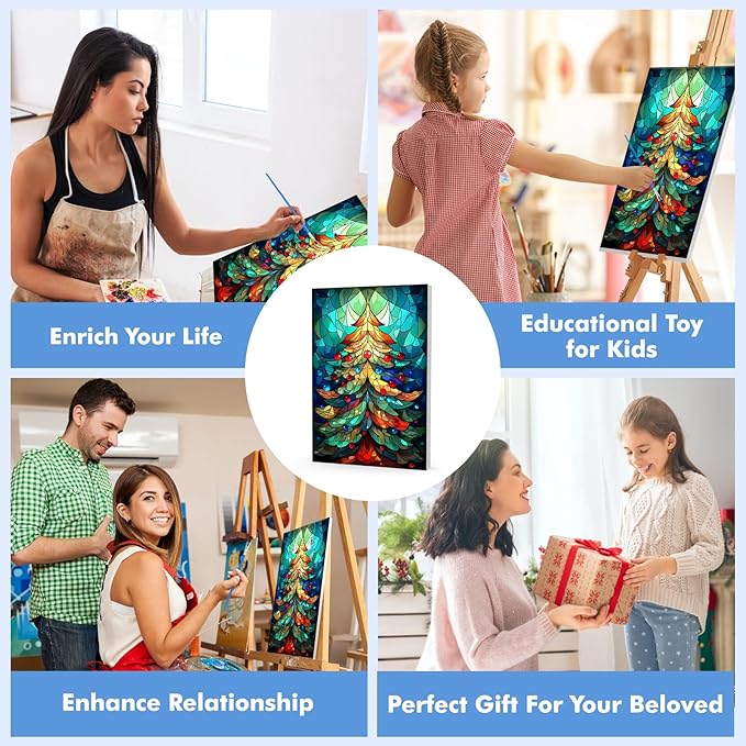 Bowetile Christmas Paint by Numbers for Adults Beginners Framed, Adults' Paint-by-Number Christmas Tree Kits on Canvas, Acrylic Number Painting Christmas Gifts for Home Wall Decor, 8x12in