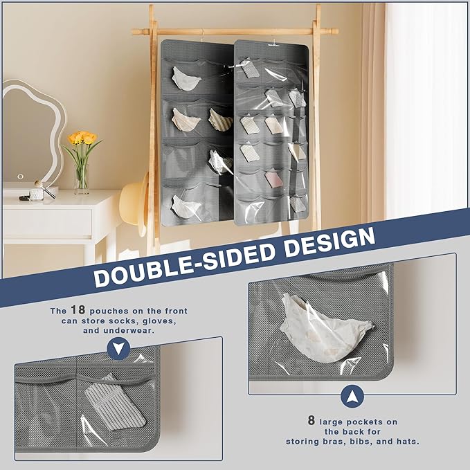Hanging Closet Underwear Organizer, 28-Pockets Dual-Sided Storage for Socks, Bras, and Leggings Lingerie and Kids’ Clothing, Dark Gray