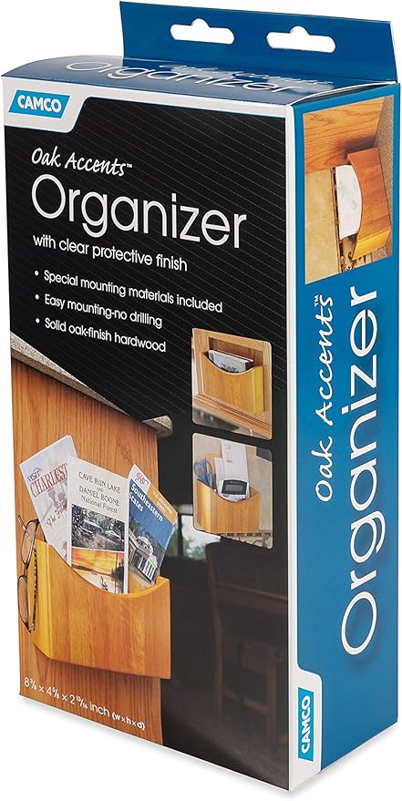 Camco Oak Accents Wall Organizer- Mountable Organizer Stores Tablets, Magazines, Books, Headphones and More, Easy Set Up - Oak Wood Finish (43483)
