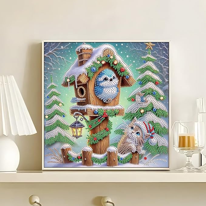 Diamond Painting Bird on Birdhouse with Cat and Christmas Tree, 5D DIY Special Shaped Diamond Art Kits for Adults, Crystal Rhinestones Holiday Winter Canvas, Christmas Home Wall Decor Crafts Gift