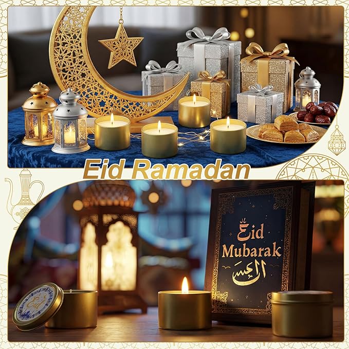 Nuanchu 24 Pack Eid Mubarak Scented Candles Gift 2 oz Blue Gold Star and Moon Design Ramadan Aromatherapy Soy Wax Jars Lasting Bulk Favors for Home Islamic Holiday Party Decor