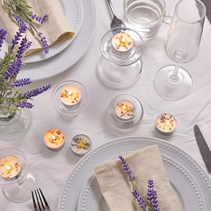 16 Pcs Lavender Scented Tealight Candles, 6H Long Burning - 100% Palm Wax Based Scented Tea Lights with Dried Flowers, Non-Toxic/Smokeless Scented Tea Lights Candles for Spa, Bath, Wedding