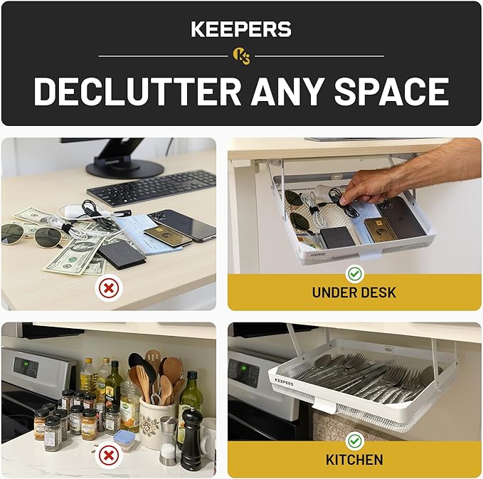 Keepers - Organizer for Home, Kitchen, Bathroom, RV, Small Spaces - Storage Organizers - Compact Metal Basket - Under Cabinet Holder - Easy Install - Holds Strong - Fits in 11x10x2in - White