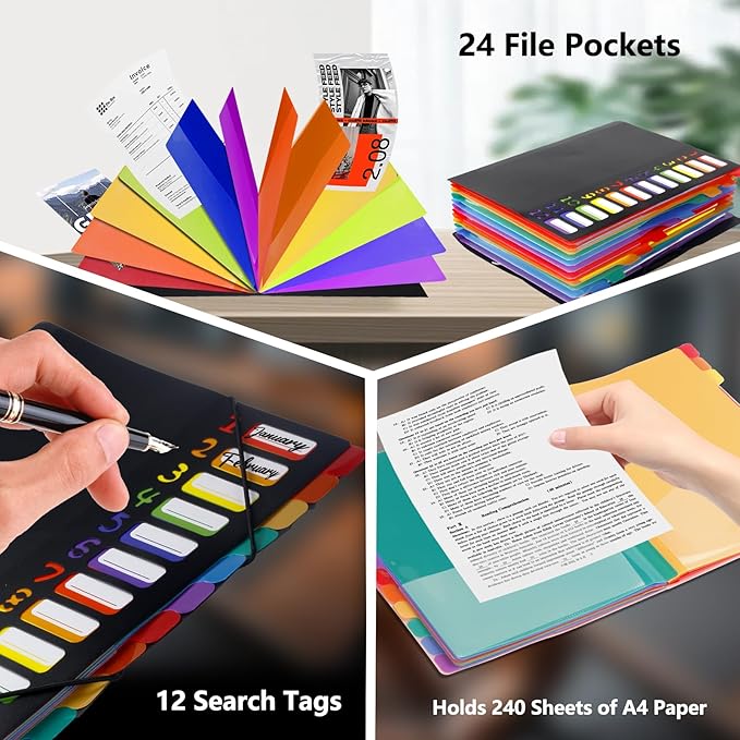 24 Pockets Expanding File Folder Organizer,Accordion File Organizer,A4 Letter Size,Rainbow Tab, for Home/Office/School Document Organizer (Black)