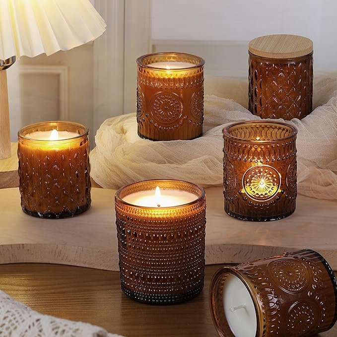 DARJEN 12 Pack Amber Candle Jars for Making Candles- 3 Styles Glass Candle Making Jars Bulk with Bamboo Lids and Labels, Candle Making Supplies Candle Vessels for Home Decor