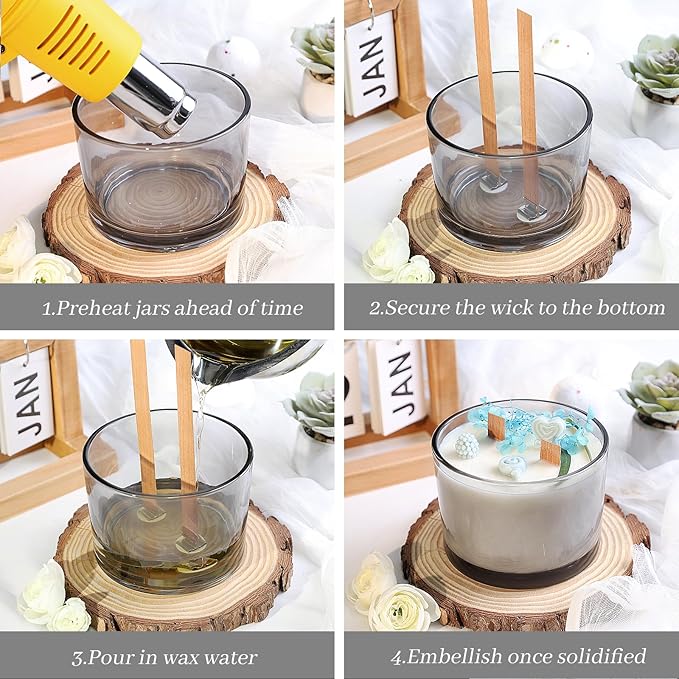 CONNOO 6-Pack 16 oz Candle Jars - 3-Wick Gray Empty Wide Mouth Glass Candle Jars Come with Bamboo Lids, Sticky Warning Labels, and a Candle Wick Kit for Candle Making - Dishwasher Safe