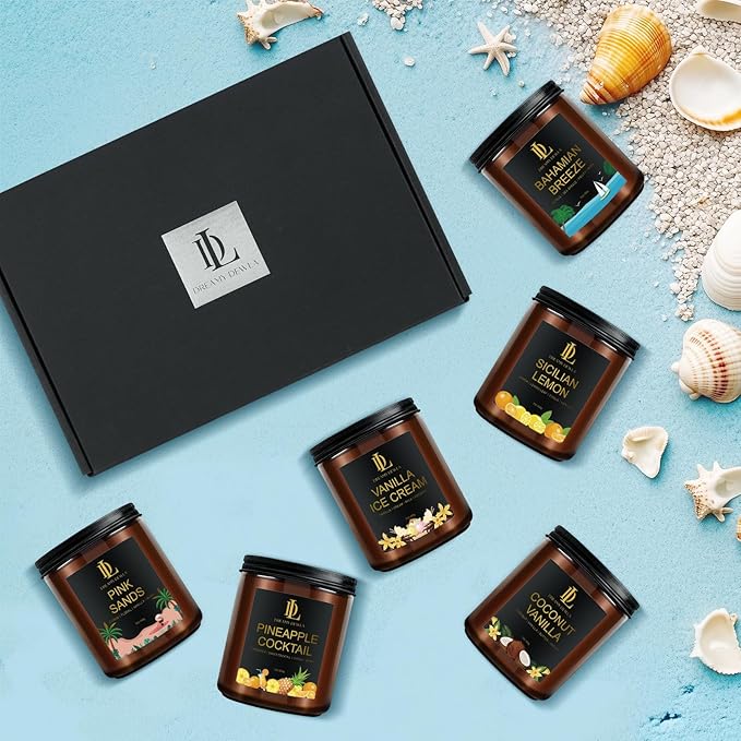 6 Pack Scented Candles Set, 42oz 300 Hour Long Lasting Candle, Soy Candles for Home Scented, Scents of Coconut Vanilla/Pineapple Cocktail/Sicilian Lemon/Pink Sands/Bahama Breeze/Vanilla Ice Cream