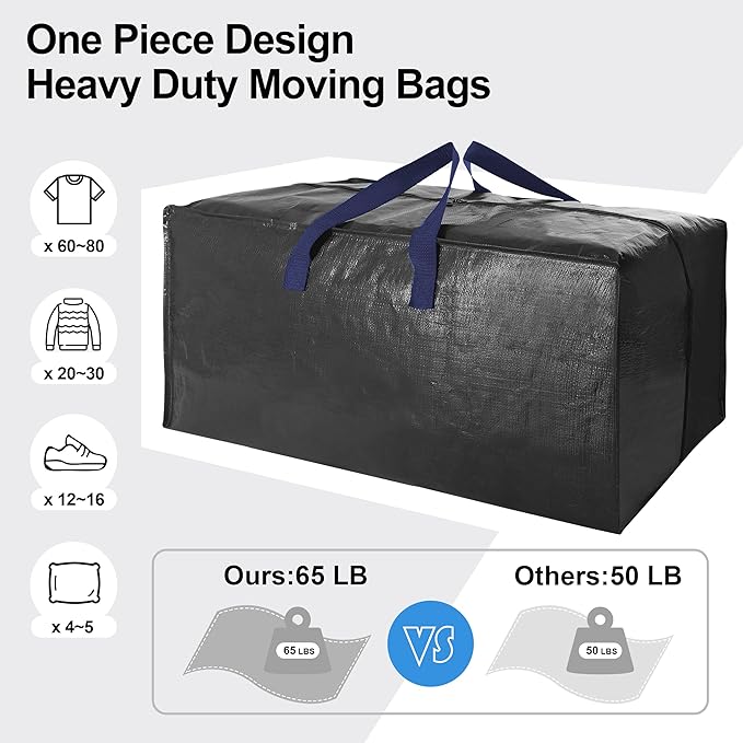 VELVETSURE 12 Pack Heavy Duty Extra Large Moving Bags W/Backpack Straps - Strong Handles & Zippers, Storage Totes For Space Saving, Fold Flat, Alternative to Moving Box and Storage Bin, Black