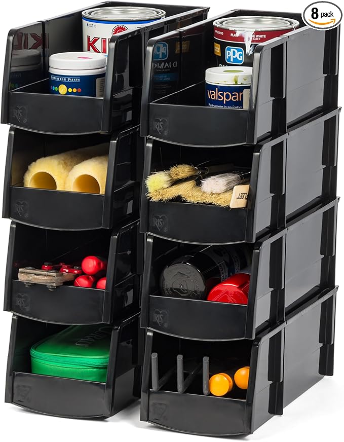 IRIS USA Large Stackable Storage Bins, 8-Pack, 13"L x 6"W x 5"H, |Made in USA|, Plastic Open Front Shelf Bin for Organizing Parts, Hardware, Tools, Supplies, Garage Shelf, Pantry - Black