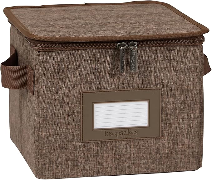 Covermates Dish Storage Box – China & Dinner Plate Storage Container with Dual Zippers, Reinforced Handles, ID Window & Stackable Structured Walls for Dishware Organization, Brown Heather