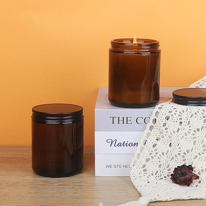 MILIVIXAY 20 Pack 8 OZ Thick Glass Dark Amber Candle Jars with All Black Metal Lids-Bulk Empty Candle Jars for Making Candles-Canning Jar for Spice, Liquid, Sample- Dishwasher Safe.
