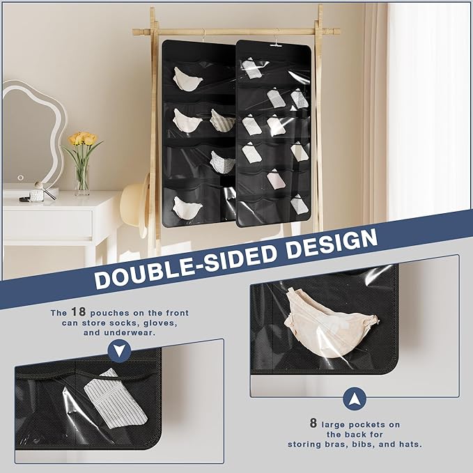 27-Pocket Hanging Organizer for Socks, Underwear, Bras, and Leggings, Dual-Sided Closet Storage for Lingerie and Kids’ Clothing, Black