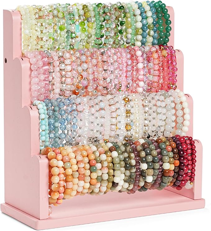 Emfogo Bracelet Holder, 4 Tier Bracelet Organizer Storage for Bracelets Bangles Watch Scrunchies, Rustic Wood Jewelry Organizer Display for Home, Vendors, Craft Shows and Store(Pink)