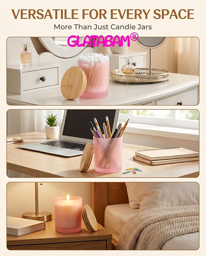 GLATABAM 10 OZ Candle Jars 12 Pack - Bulk Glass Candle Making Jars with Bamboo Lids & Labels, Heat Resistant Empty Reusable Candle Vessel for Containers(Frosted Powder)