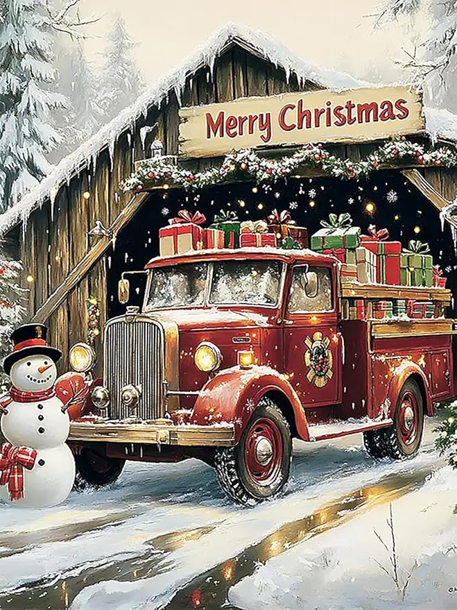 CZYWJMEI Christmas Truck 5D Diamond Painting Kits for Adults Beginners,DIY Winter House Diamond Art Kits,Full Round Drill Diamond Dot Gem Art Kits,Home Wall Decor 12x16nch