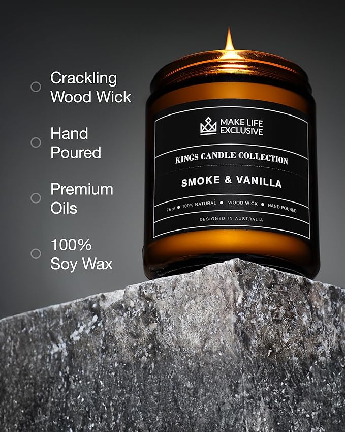 Scented Candles for Men | Smoke and Vanilla, Tobacco and Vanilla |Wooden Wick, Long Lasting, Masculine Scents | Natural Soy Jar Candle for Home, Bachelor Pad Decor | The Perfect Mens Gift