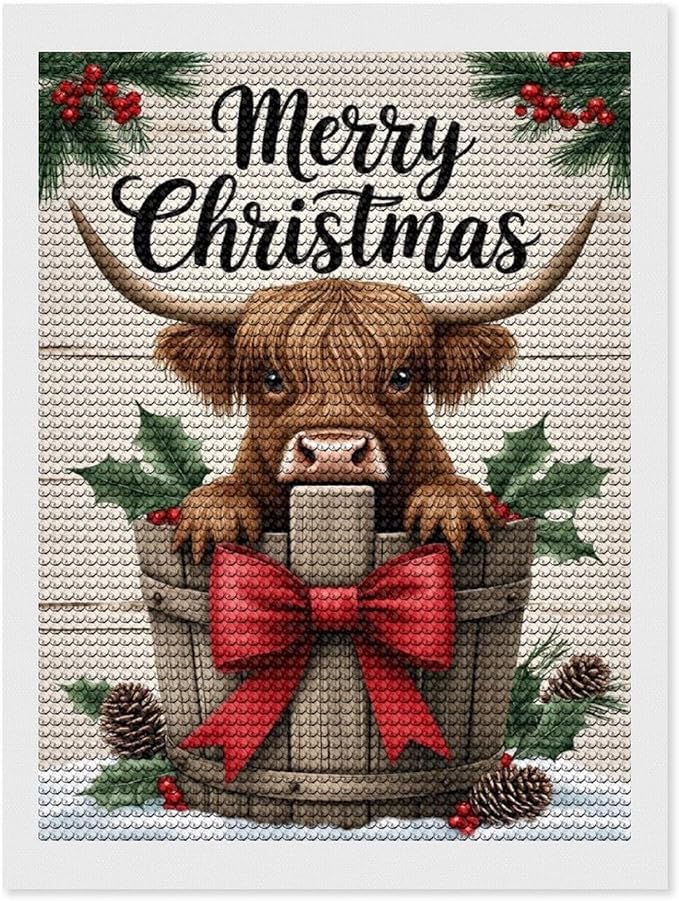 AIVKIEJK Diamond Painting Kits for Adults - Highland Cow Merry Christmas Painting DIY 5D Full Drill Diamond Dots Paintings with Diamonds Gem Art and Crafts Home Decor 12"x16"