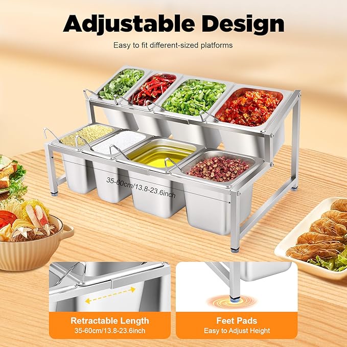 Condiment Container Dispenser with 8 Pans & Lids, Stainless Steel Countertop Spice Inclined Holder, Pizza Topping Station Organizer, Spice Rack Shelf for Kitchen Pantry Use