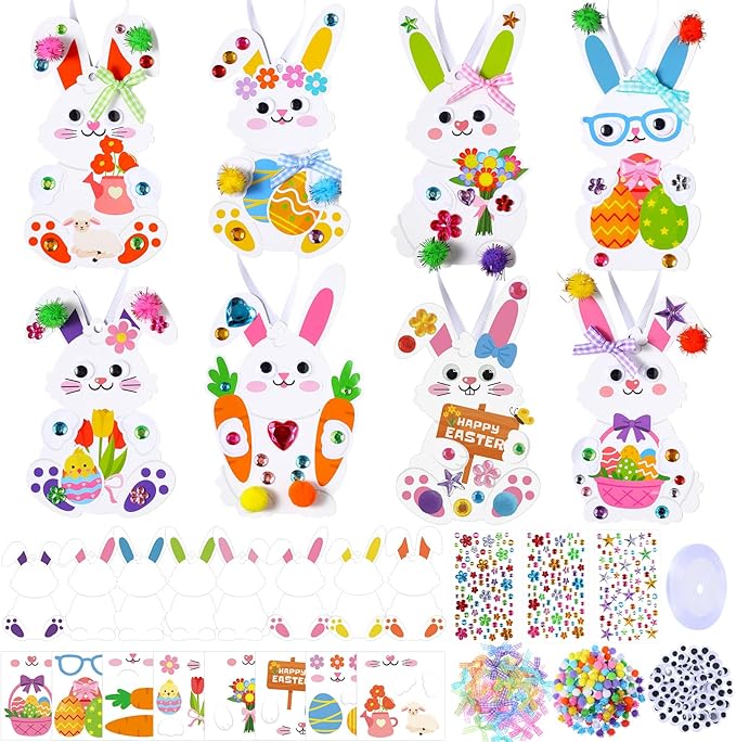 Funrous 48 Sets Easter Crafts Kit Easter Bunny Paper Crafts DIY Make Your Own Rabbits Hanging Ornaments Decorations with Pompoms Diamond Stickers Spring Classroom Activity Arts Gifts Party Favors