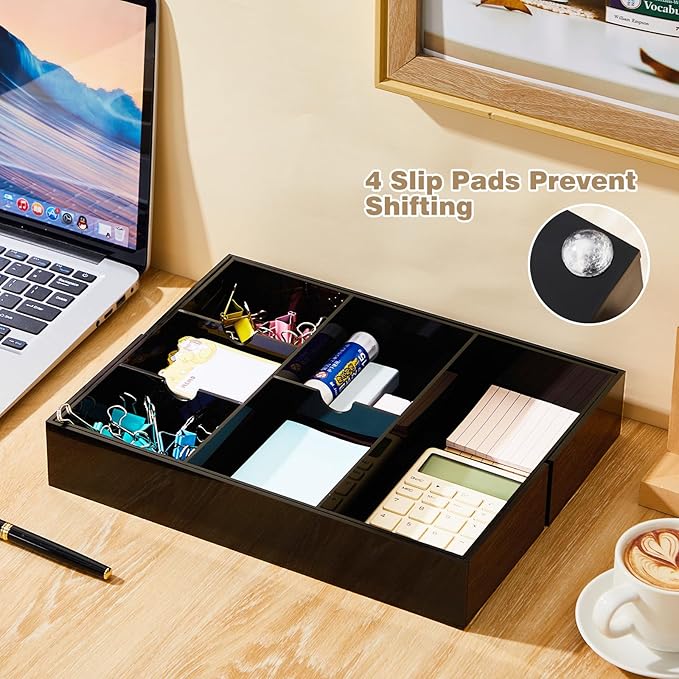 Briwooody 1 Pcs Acrylic Desk Drawer Organizer 9'' up to 18'' x 12'' x 2.1'' Expandable Drawer Organizer Trays with 8 Adjustable Compartments Black Desk Accessories for Makeup Office Bathroom