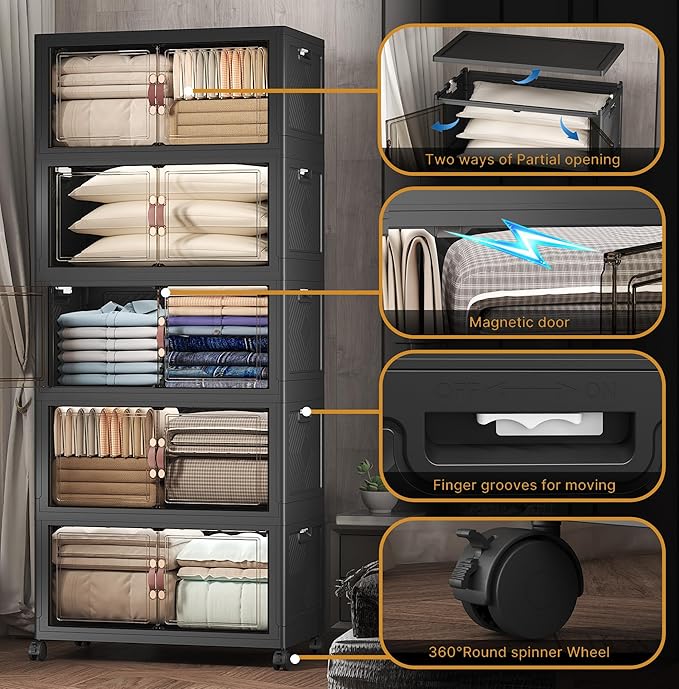 Extra Large Stackable Storage Bins with Lids & Wheels, Foldable Collapsible Closet Organizers Dark Storage Cabinet with Doors for Bedroom Dorm
