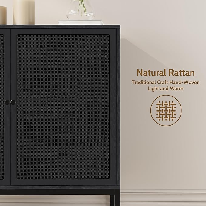 Yechen Set of 2 Full Black Rattan Cabinet, Farmhouse Sideboard Cabinet with Natural Rattan Decorated Doors, Accent Cane Credenza Buffet Console Storage, for Living Room Entryway Kitchen, Metal Legs