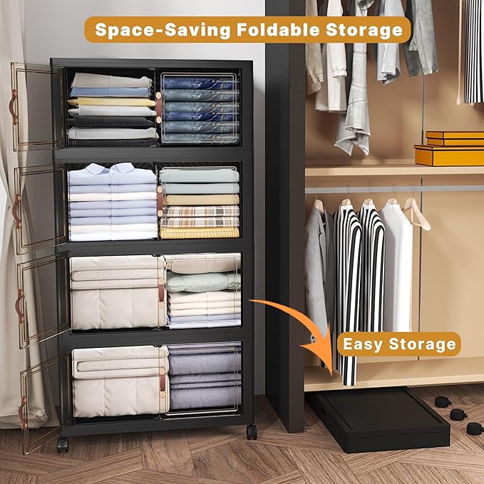 UAMFURI Extra Large Stackable Storage Bins with Lids & Wheels, Foldable Collapsible Closet Organizers Dark Storage Cabinet with Doors for Bedroom Dorm