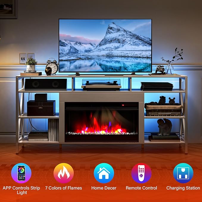 TC-HOMENY 60" TV Stand with 27.5" Electric Fireplace, TV Console with Power Strip for TVs Up to 70", Entertainment Center Storage Cabinet and LED Strip Lights with Remote Control Living Room White