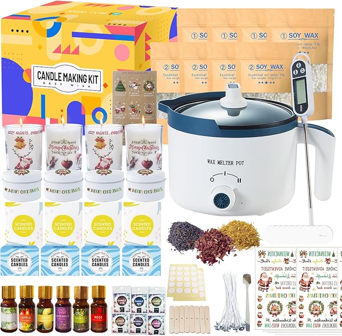 DIY Candle Making Kit with Wax Melter, Scented Candle Making Set with Candle Tattoo and Glass Jars, All-in-One Wax Melts Kit with Dried Flowers for Adults