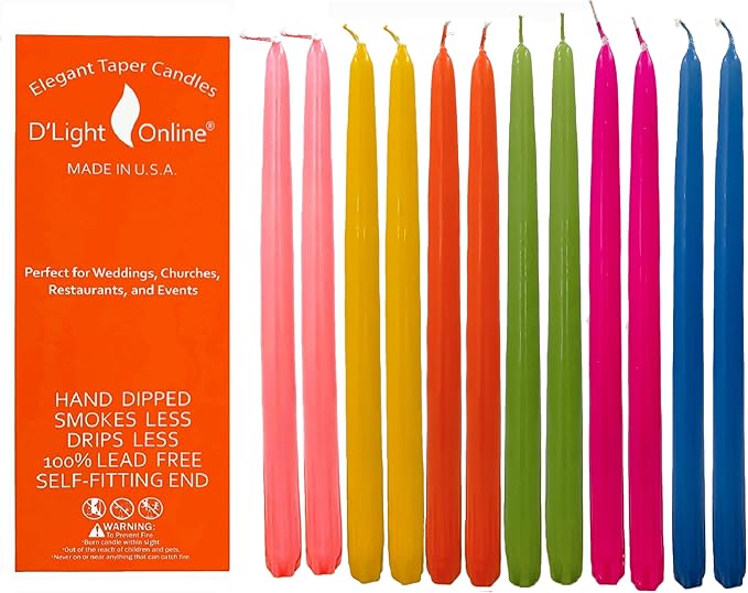 D'light Online 12" Elegant Seasonal Summer Assorted Colors Taper Candles - Vibrant Colors Unscented Candle Sticks, Hand-Dipped Tapered Candles Dripless and Smokeless - Set of 12 (12 Inch, Carnival)