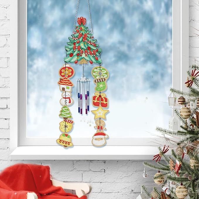 Diamond Dots Christmas Tree Wind Chimes Hanging Ornaments DIY Kits 5D Christmas Tree Diamond Art Painting Wind Chime Hanging Pendant Double Sided Special Shaped Gem by Number Yard Office Window Decor