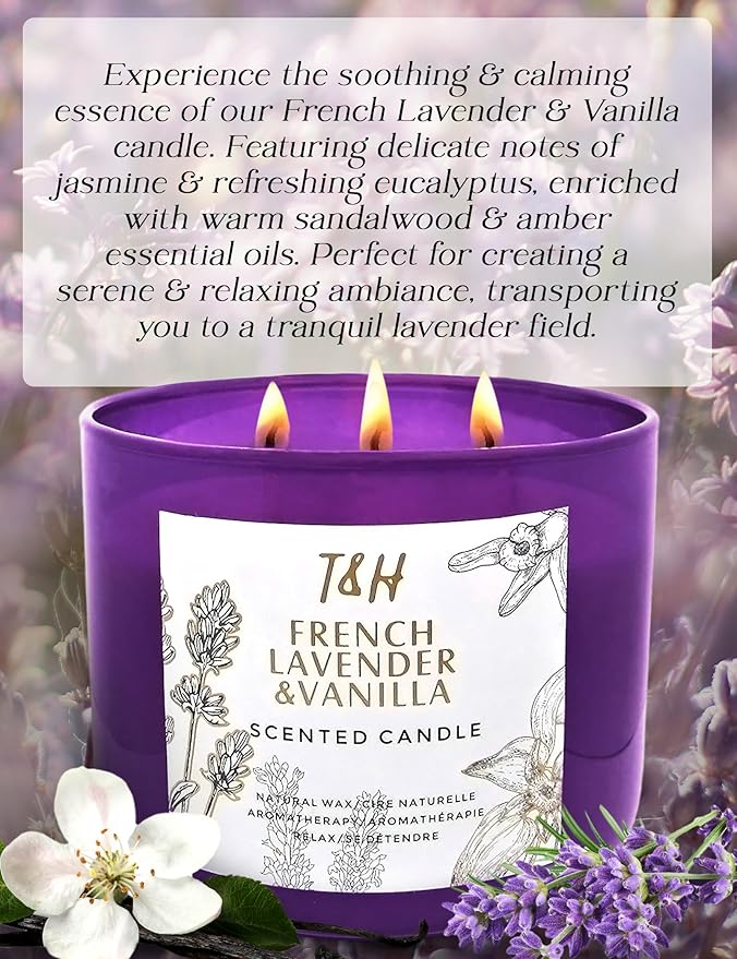 Lavender Vanilla 3-Wick Soy Candle | 80 Hour Burn | 15.8 oz Aromatherapy Scented Candle for Home | Calming Floral Scent | Gift Ready