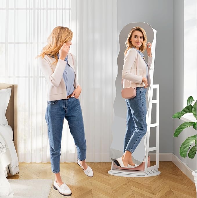 Lvifur 360° Swivel Jewelry Cabinet with Lights,LED Jewelry Organizer with Full Length Mirror, Lockable Wavy Mirror Jewelry Cabinet Standing with Rear Storage Shelves,Makeup Tray,White
