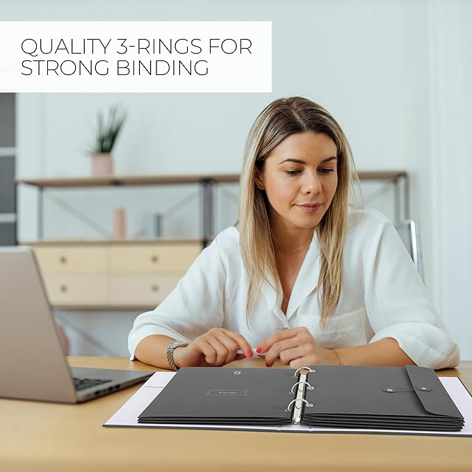 Sturdy Document Organizer Set with Folders - Beautiful Linen 3-Ring Binder Safely Stores All Important Documents & Files in One Place - Easy to Use Expanding Storage Incl. Envelopes, Pockets & Labels