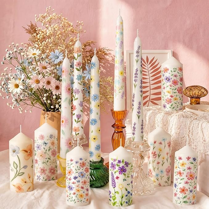 Treela 60 Pcs DIY Candle Painting Kit Include 6 White 6 White Tapered & 6 Pillar Candles 12 Candle Wax Pen 24 Floral Painting Stencils 6 Paint Brushes 6 Sponge Blocks for Craft Birthday Wedding Party